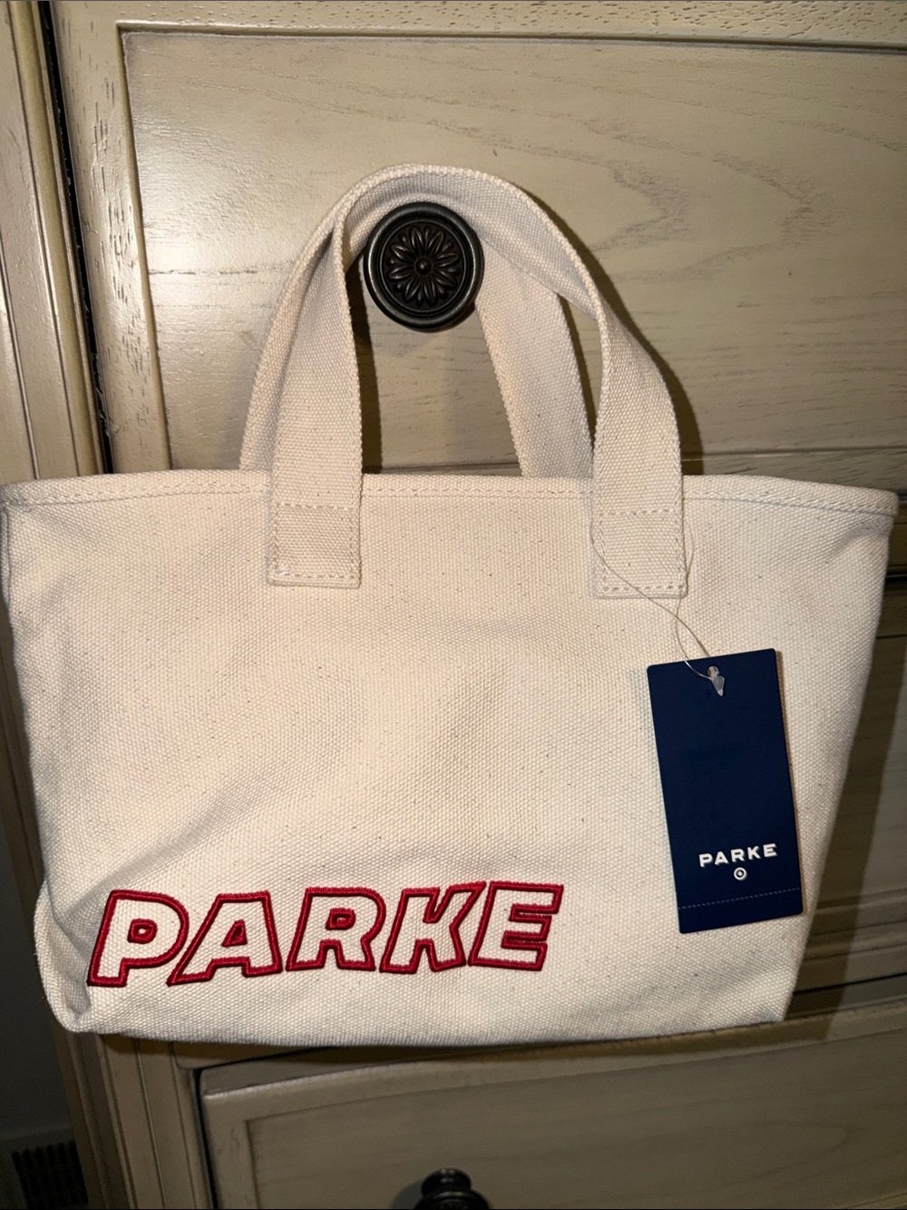 NWT PARKE x Target Mini Canvas Tote Bag in Natural with Red Logo